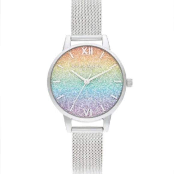 New with tag Olivia Burton Ombre Glitter Dial Silver Mesh Strap Women S Watch - Picture 1 of 6